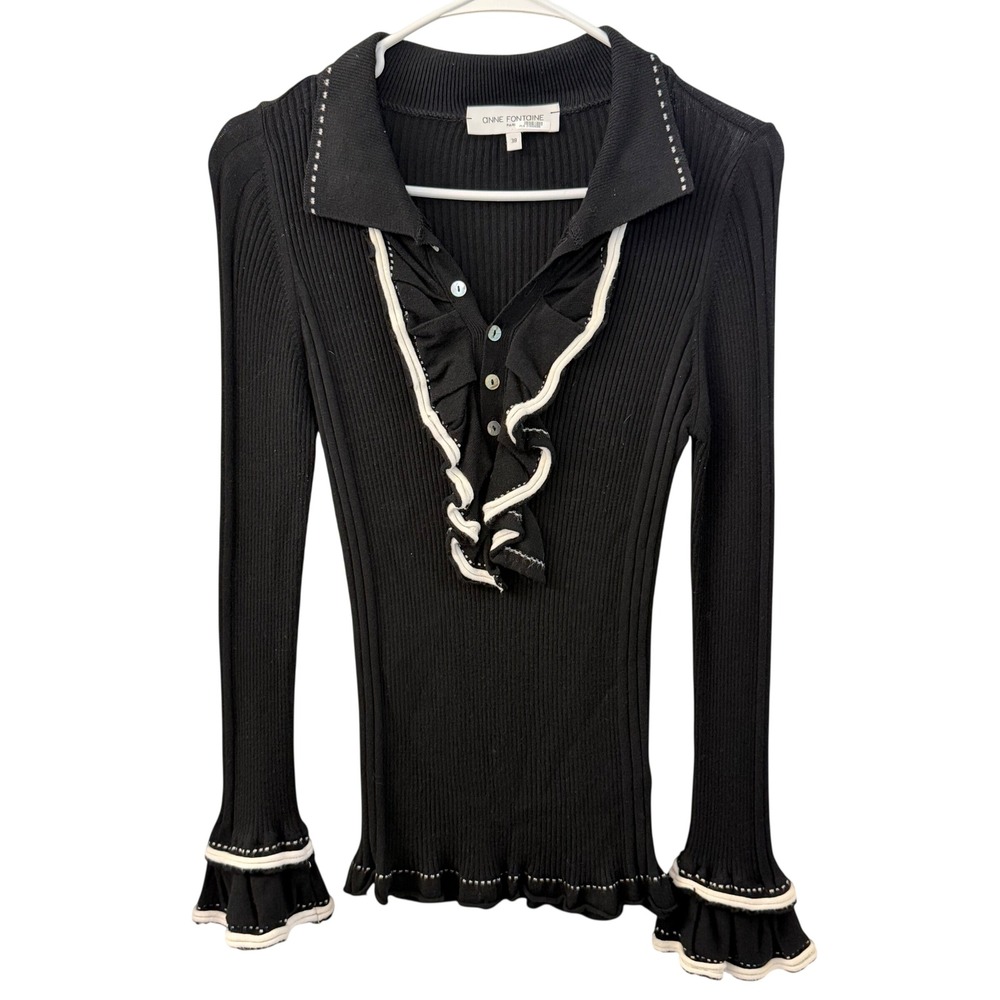 Anne Fontaine Erena Black Ribbed Knit Ruffle Button Sweater Top Long Sleeve 38